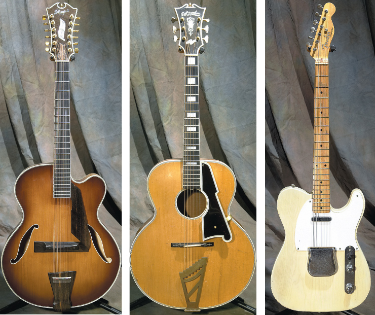 (LEFT TO RIGHT) ’83 D’Aquisto 12-string archtop. 1940 D’Angelico round-hole Special with mahogany back and sides. 1955 Fender Telecaster.