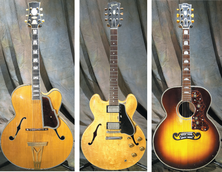 (LEFT TO RIGHT) Stromberg Master 400 cutaway. 1959 Gibson ES-335. 1940 Gibson J-200 with Brazilian Rosewood back and sides.