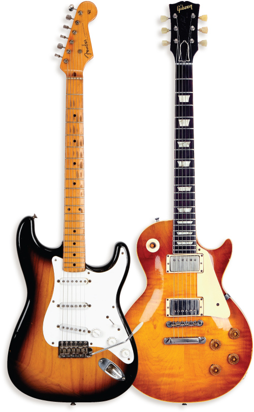 (LEFT) When a song or part calls for Knopfler to use a pick, he often grabs this ’54 Fender Stratocaster and plays it with the vibrato bar in his hand while he strums/picks. It was used to record “The Fish and the Bird” on Kill To Get Crimson, “The Car Was The One,” from Get Lucky, and ”I Used to Could” on Privateering. (RIGHT) This ’58 Gibson Les Paul Standard is Knopfler’s go-to guitar when he needs that sort of sound. He used it to record “5:15 a.m.” and “Back to Tupelo” on his 2004 album, Shangri-La, as well as “So Far From The Clyde” on 09’s Get Lucky. 