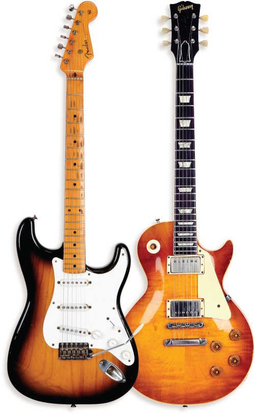 (LEFT) When a song or part calls for Knopfler to use a pick, he often grabs this ’54 Fender Stratocaster and plays it with the vibrato bar in his hand while he strums/picks. It was used to record “The Fish and the Bird” on Kill To Get Crimson, “The Car Was The One,” from Get Lucky, and ”I Used to Could” on Privateering. (RIGHT) This ’58 Gibson Les Paul Standard is Knopfler’s go-to guitar when he needs that sort of sound. He used it to record “5:15 a.m.” and “Back to Tupelo” on his 2004 album, Shangri-La, as well as “So Far From The Clyde” on 09’s Get Lucky.