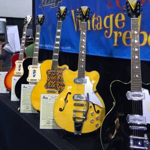 A line of lovely vintage #guitars decorate the Kay Vintage Reissue booth at #NAMM2015. #vintageguitar #guitarlove — in Anaheim, California.