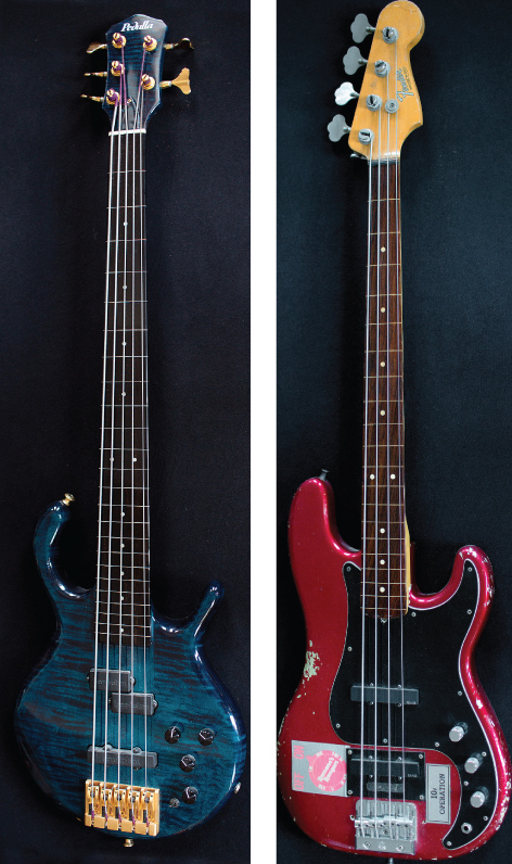 (LEFT) Lee’s five-string Pedulla in Arctic Blue finish. (RIGHT) Lee makes great use of this modified Fender bass. Its frets have been sanded down, its pickups replaced with active EMGs in a Jazz Bass configuration, with controls modified accordingly.