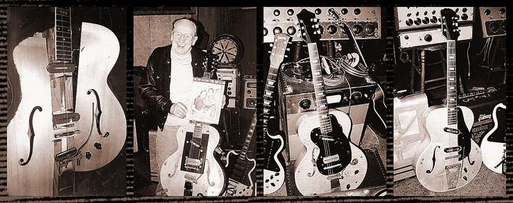 (LEFT TO RIGHT) The “Log” was made in 1941 at the Epiphone factory in New York. It was a 4x4 piece of wood with pickups, winged sides, and an Gibson neck. Les used the log to pester Gibson for 10 years in an attempt to get a Gibson solid guitar that sounded like a steel guitar. Les and his #1 “clunker,” used to record “How High The Moon” and all other Les Paul and Mary Ford hits from the late 1940s and early ’50s. The sheet music cover shows Les holding this guitar. Les Paul’s #2 clunker was used as a backup for #1. Number two has a rounded-off pickguard, not the squared pickguard on #1. Les had told Gibson that he would play his clunkers until Gibson came up with a guitar that sounded better. Gibson did produce its first solidbody, which did rival the sound of the clunker. In the 1940s, Gibson offered Les any guitar he wanted including a gold plated L-5, but it’s ironic that the one thing that Les wanted was a great-sounding solidbody, and Gibson refused to give him one. The #3 clunker, which was occasionally used by Mary Ford. She is pictured with a sunburst archtop on the cover of the “Mockin’ Bird Hill” sheet music; could there have been a #4 clunker?