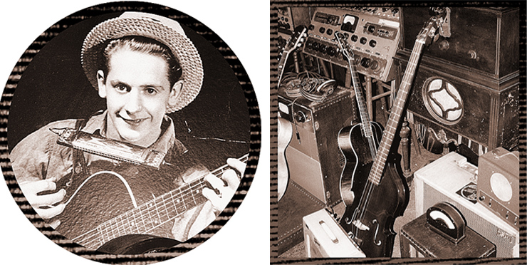 (LEFT) This photo of Rhubarb Red and his original Gibson L-5 hangs on the wall in Les Paul’s home studio. (RIGHT) Inventions (and memories) in Les Paul’s home