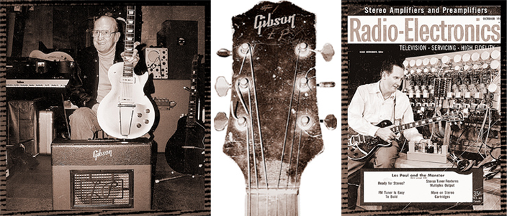 (LEFT) Les Paul with a ’52 Les Paul Model and ’52 Les Paul GA-40 amp, in the room where most of his TV show was taped and recorded. “We did the commercials mostly in this room and in another studio here, and the rest of the TV show was shot in the house.” (MIDDLE) This is the Gibson logo on the #1 clunker which Les applied because Gibson president Ted McCarty insisted on it. Les told McCarty that he would continue to play the clunker until Gibson had made the solidbody prototype correctly. The first prototype presented to Les at the Delaware Water Gap had several things wrong with it. (RIGHT) Les Paul was a top guitarist, engineer, inventor, promoter, and national celebrity by the time this cover photo appeared in 1958.