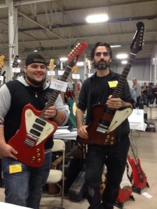 Luigi & Sam from Southside Guitars with a '65 red non-reverse 3-pickup Firebird and '65 sunburst Firebird with P-90s.