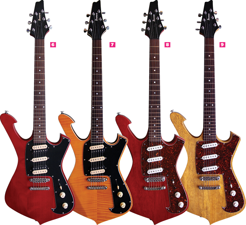 6) “This guitar began its life as an FRM100 and was modified with a black pickguard and DiMarzio Air Classics. I liked it so much it became its own model – the FRM150.” 7) This FRM250MF has a flame-maple top with cream binding and mahogany body and neck. “After my original was crushed, I bought this right off the rack and it was perfect!” 8) “After enjoying my natural-finish korina Fireman, I thought I’d try a red version,” Gilbert said of this FRM100 Custom Shop prototype. “It has great tone, but it’s heavier than the mahogany production version.” 9) The second Fireman ever made – and first with a pickguard – it’s also the first guitar to have DiMarzio Injector pickups. Gilbert says its neck is “narrow, but thick.”