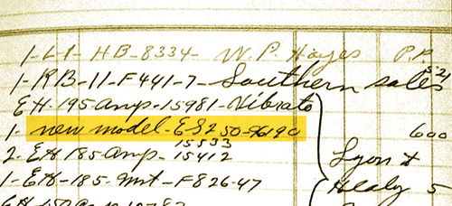 Excerpt from August, 1940, ledger featuring the “new model ES-250.”