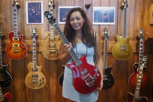 Anita Agopyan-Miu with the Bigsby-equipped version of Prestige Guitars’ new DC Coup.
