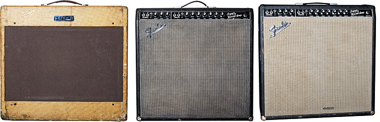 ROBBEN-FORD-05 (LEFT TO RIGHT) 1950s Fender Pro. 1966 Fender Super Reverb. Early-’60s Fender Super Reverb.