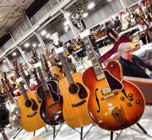 (Right to left) 1970 Gibson Super 400 CES, 1963 Martin D- 21, 1924 L-5 Loar, 1939 D-28 from Laurence Wexer Guitars.