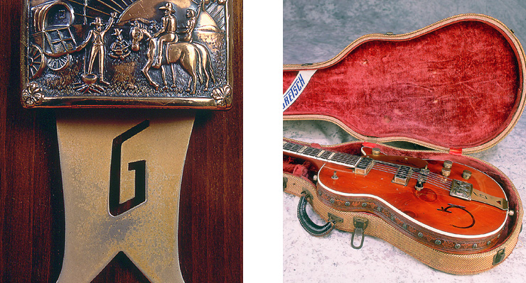 (LEFT) Closeup of the “belt buckle” tailpiece showing the chuck wagon/campfire scene. (RIGHT) The tooled leather trim and clean tweed case with the Grestch banner in the lid.