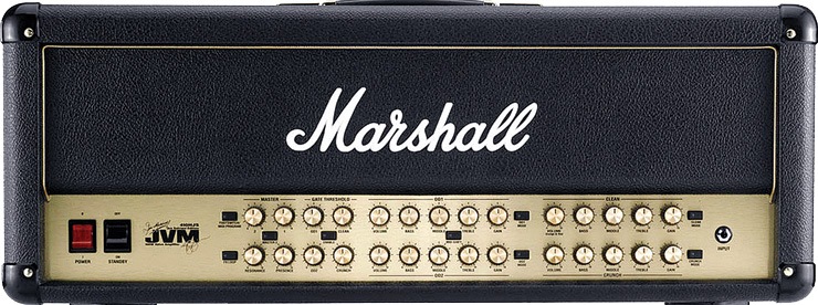 The Marshall JVM410JS Joe Satriani signature model is a 100-watt/four-channel, EL34-based head. Its clean channel was designed to replicate that on the Marshal 6100, w hile its Crunch channel includes Marshall’s AFD circuit. Its overdrive channels offer slightly less gain and has two Master Volume knobs, effects loop, and MIDI implementation.