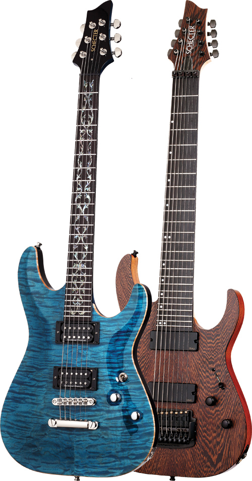 (LEFT) This Masterworks CS-1 is a prime example of the work being done by the Schecter Custom Shop. (RIGHT) Guitars like this wenge-bodied Banshee 8 helped resurrect Schecter in the late 1990s. 