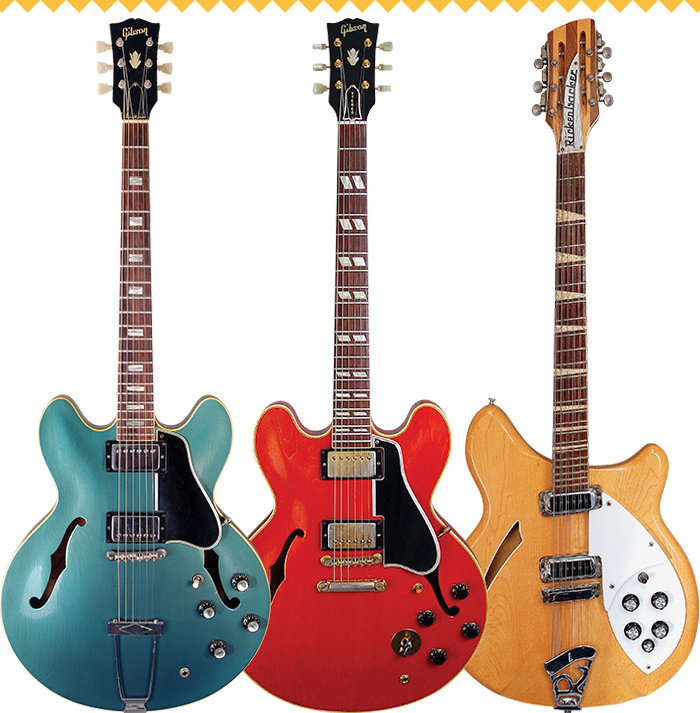 (LEFT TO RIGHT) ’66 Gibson ES-335 in Pelham Blue. 1960 Gibson ES-345TD. ’71 Rickenbacker 360/12. Gibson ES-335 and Rickenbacker 360/12: VG Archive. Gibson ES-345TD: Dave Rogers/VG Archive.