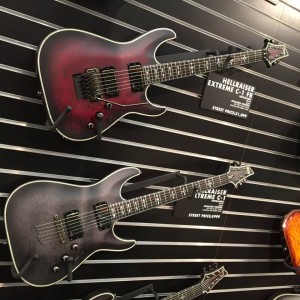 From the Hellraiser collection of Schecter Guitars, here are the Extreme C-1 FR and Extreme C-1 in See-Thru Black Satin and Crimson Red Burst Satin. #vintageguitar #guitars #NAMM2015 #guitarlove #NAMMshow #NAMM15 #hellraiser #schecterguitars — in Anaheim, California.