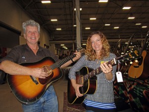 Show promoters Gary & Bonnie Burnette of Bee-3 Vintage with a '44 Gibson Southern Jumbo and '39 Martin D-18 with a shaded top.
