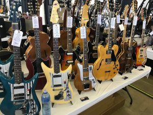 Some cool old Tiesco Del Reys, Univox and Silvertone electrics among the Gibsons