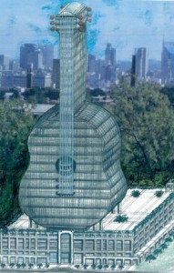 Strings rendering Developer plans 32-story building shaped like acoustic guitar.