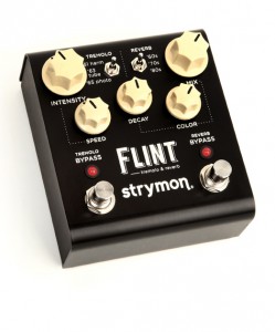STRYMON FLINT THREE QUARTERStrymon continues to raise the bar on what players can expect out of a stompbox. Having already stifled analog traditionalists with offerings like the El Capistan digital tape echo, these guys recreated the tremolos and reverbs from classic amps in a single pedal named Flint.