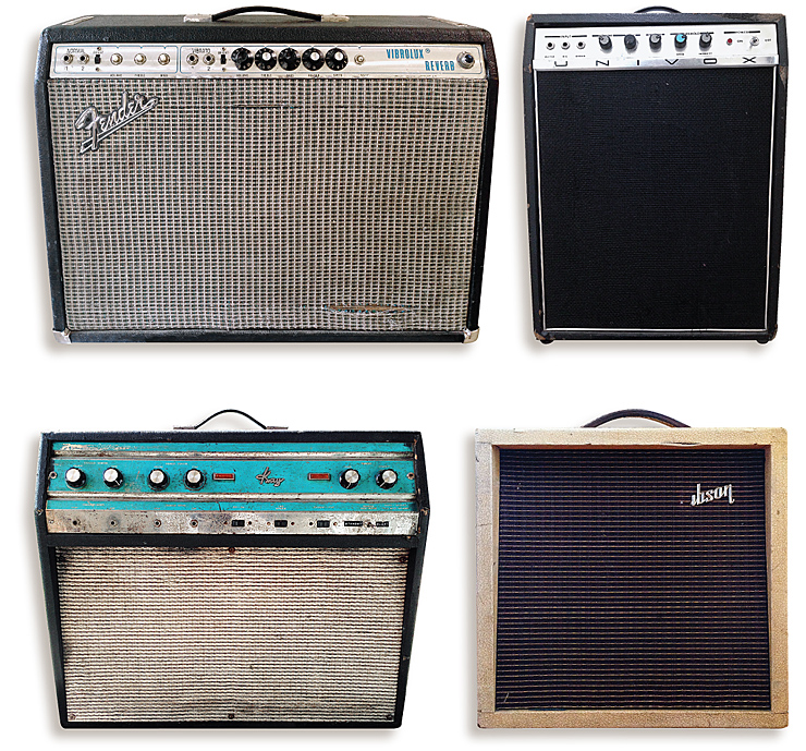 (CLOCKWISE) Johnny Moeller’s Fender Vibrolux he uses on local gigs. Moeller’s amps include a a solidstate ’70s Univox, a Gibson G-5 Skylark, and this vintage Kay Galaxy with two 12s he says is “really good for raw, raunchy blues.”