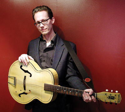 Mike Keller with his “house” guitar, a ’50s Harmony archtop.