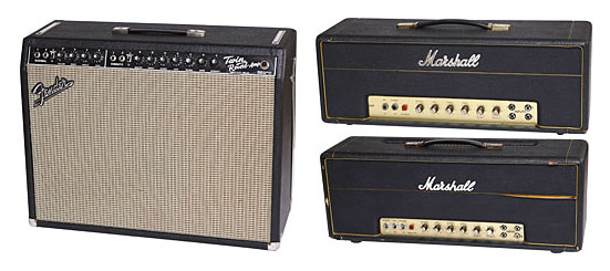VERHEYEN-GIBSON-11-12-13 ’64 Fender Twin-Reverb. This ’68 50-watt plexi is Verheyen’s favorite Marshall amp. ’69 Marshall 100-watt.