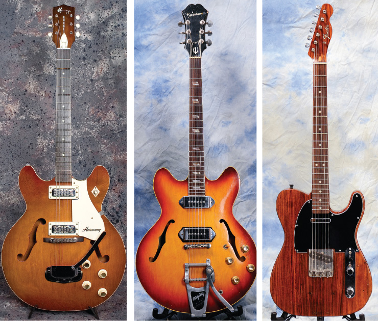 (LEFT TO RIGHT) “I love my Harmony Rocket!” Vivino says of this ’66 model. This ’69 Epiphone Casino sees a lot of action when Vivino jams with Fab Feaux. ’69 Fender Telecaster with a rosewood body. Rocket: Barre Duryea. Tele and Casino: Robert Wolpert.
