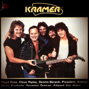 The hang tag for the Kramer-Ripley Stereo Guitar featured this shot of the company’s all-star lineup, including (from left) tremolo innovator Floyd Rose, Ripley, Kramer president Dennis Berardi, pickup guru Seymour Duncan, and the one and only Edward Van Halen.