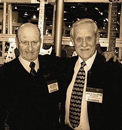 Fullerton with Bill Carson in 1997. Fullerton test-runs a Stratocaster in the Fender factory in the '50s. Photo: Willie G. Moseley. Fullerton with Bill Carson in 1997. Fullerton test-runs a Stratocaster in the Fender factory in the '50s. Photo: Willie G. Moseley.