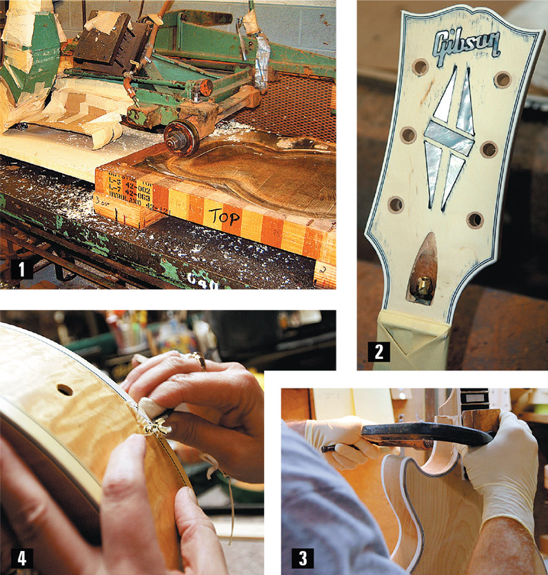 1) One of two vintage carving machines converted from steam power. 2) An unfinished holly headstock veneer. 3) A freshly set neck gets the clamp. 4) Paint being “scraped” from the binding of a Les Paul.