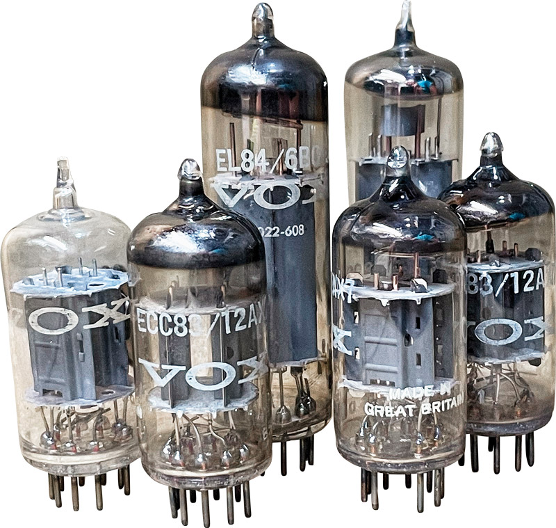 The amp’s Vox-branded tubes were likely made by Mullard in the U.K.
